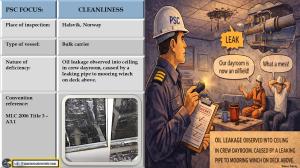 PSC FOCUS: CLEANLINESS_ Oil leakage observed into ceiling in crew dayroom, caused by a leaking pipe to mooring winch on deck above. 