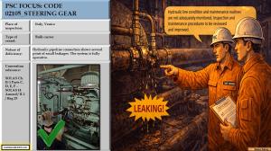 PSC FOCUS: CODE 02150_STEERING GEAR_Hydraulic pipeline connection shows several point of small leakages. The system is fully operative. 