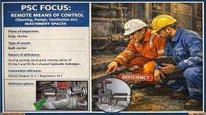 PSC FOCUS: REMOTE MEANS OF CONTROL (OPNENING, PUMPS, VENTILATON, ETC) MACHINERY SPACES_During testing, local quick-closing valves of DG No.1 and DG No.3 showed hydraulic leakages. 