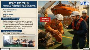 PSC FOCUS: PERSONAL PROTECTIVE EQUIPMENT (PPE)_During lowering of a lifeboat, a crew member operated without safety gloves while handling moving mechanical parts (wires under tension). The Master instructed a safety meeting with all crew before departure. 