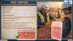 PSC FOCUS: HATCH COVER SECURING ARRANGEMENTS_Four cleats of No.3 cargo hold hatch cover are deformed and not providing proper securing 