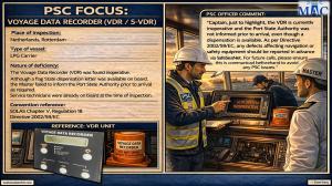 PSC FOCUS: VOYAGE DATA RECORDER (VDR / S-VDR)_The Voyage Data Recorder (VDR) was found inoperative. Although a flag State dispensation letter was available on board, the Master failed to inform the Port State Authority prior to arrival as required. Servic 