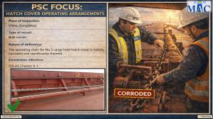 PSC FOCUS: HATCH COVER OPERATING ARRANGEMENTS_The operating chain for No.3 cargo hold hatch cover is heavily corroded and significantly thinned. 