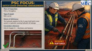 PSC FOCUS: HATCH COVER OPERATING ARRANGEMENTS_The hydraulic pipeline for No.4 cargo hold hatch cover system is ruptured, causing hydraulic oil leakage. 