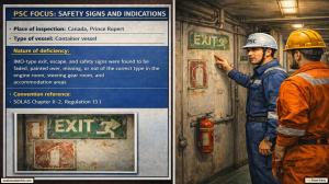 PSC FOCUS: SAFETY SIGNS AND INDICATIONS_IMO-type exit, escape, and safety signs were found to be faded, painted over, missing, or not of the correct type in the engine room, steering gear room, and accommodation areas. 