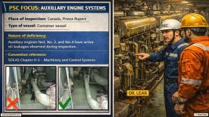 PSC FOCUS: AUXILIARY ENGINE SYSTEMS_Auxiliary engines No.1, No.2, and No.4 have active oil leakages observed during inspection. 