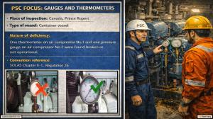 PSC FOCUS: GAUGES AND THERMOMETERS_One thermometer on air compressor No.1 and one pressure gauge on air compressor No.2 were found broken or not operational. 