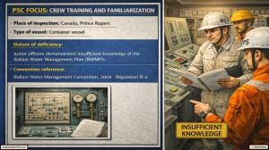 PSC FOCUS: CREW TRAINING AND FAMILIARIZATION_Junior officers demonstrated insufficient knowledge of the Ballast Water Management Plan (BWMP). 