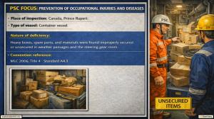 PSC FOCUS: PREVENTION OF OCCUPATIONAL INJURIES AND DISEASES_Heavy boxes, spare parts, and materials were found improperly secured or unsecured in weather passages and the steering gear room. 