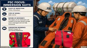PSC FOCUS: IMMERSION SUITS_The zipper of one immersion suit located at the bow liferaft storage area is damaged and not fully functional. 