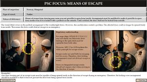 PSC FOCUS: MEANS OF ESCAPE_Means of escape from steering gear room was not possible to open from inside. Arrangement must be modified to make it possible to open from inside even if it is locked with a padlock on the outside. Until rectified, the door sha 