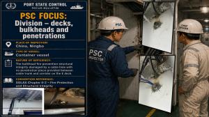PSC FOCUS: Division – decks, bulkheads and penetrations_The bulkhead fire prevention structural integrity damaged by a cable hole with no penetration piece provided between cable trunk and corridor on the E deck. Convention reference: SOLAS Chapter II-2 – 
