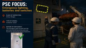 PSC FOCUS: Emergency lighting, batteries and switches_The emergency light located near the port-side liferaft launching area was found not operational during inspection. 