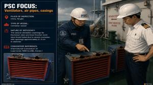 PSC FOCUS: Ventilators, air pipes, casings_The natural ventilation coamings for the bosun store and bow thruster room were found holed due to severe corrosion, with openings approximately 2–3 cm in diameter. 