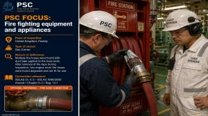 PSC FOCUS: Fire fighting equipment and appliances_Multiple fire hoses were found with duct tape applied to the hose ends. After removal of the tape during inspection, two engine room fire hoses were found degraded and not fit for use. 