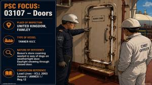 PSC FOCUS: 031-DOORS-Bosun's store coaming wasted in way of dogs on weathertight door. Daylight showing through closed door. 
