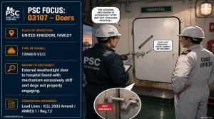 PSC FOCUS: 03107-DOORS-External weathertight door to hospital found with mechanism excessively stiff and dogs not properly engaging. 