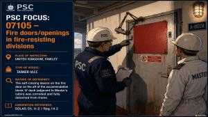 PSC FOCUS:07105-FIRE DOORS/OPENINGS IN FIRE-RESISTING DIVISIONS_The self-closing device on the fire door on the aft of the accommodation block 'A'-deck (adjacent to Master's cabin) was corroded and fully detached from the frame. 