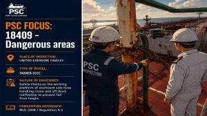 PSC FOCUS: 18409 - DANGEROUS AREAS - Safety chains on the working platform of starboard side hose handling crane and aft davit ineffective to prevent fall from height. 