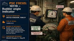 PSC FOCUS: 10119 - RUDDER ANGLE INDICATOR_Rudder angle indicator at emergency steering position did not relate to the actual position of the rudder. Indicator was also not secure. 