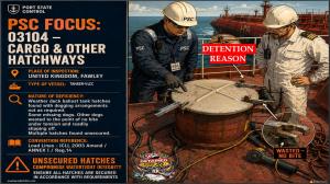 PSC FOCUS: 03104 - CARGO & OTHER HATCHWAYS_Cargo & other Hatchways- Weather deck ballast tank hatches found with dogging arrangements not as required. Some missing dogs. Other dogs wasted to the point of no bite under tension and readily slipping off. Mul 