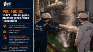 PSC FOCUS: 18424-STEAM PIPES, PRESSURE PIPES, WIRES (INSULATION)_Evaporator drain releasing hot steam directly into engine room walkway. Drain box cover missing and whereabouts not known to crew. 