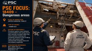 PSC FOCUS: 18409 - DANGEROUS AREAS_Provisions gantry crane between accommodation and casing found with severely corroded cable trough, entire sections missing and remaining sections at risk of falling. Power and control cable subsequently hanging loose an 