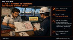 PSC FOCUS: 01308 - Records of seafarers´ daily hours of work or rest - During verification between drills conducted... 