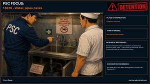 PSC FOCUS: 18316 - Water, pipes, tanks - No hot running fresh water is available in any wash place (showers, galley, sinks, ...) One of the two feed water pumps for domestic water is removed/broken down. 