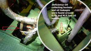 Oil collecting buckets and oil leakages around G/Es and M/E fuel oil pumps. 