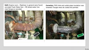Engine room – Pipelines in general were found corroded. Fresh Water Gen – ME Jacket water line inlet flange as recorded.  