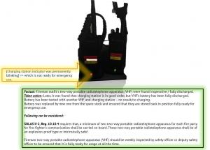 Fireman outfit´s two-way portable radiotelephone apparatus (VHF) were found inoperative / fully discharged. 