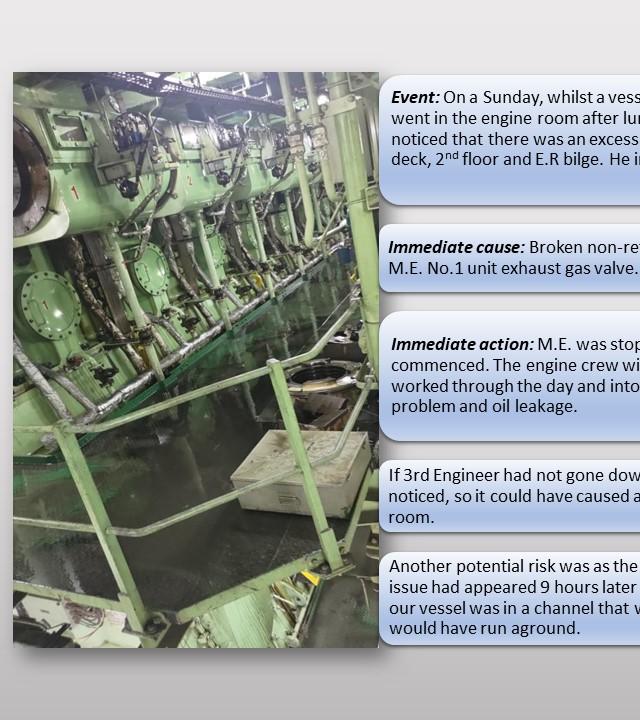 Broken non-return valve and pipe from one of the M.E. units´ exhaust gas valve 