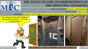             PSC FOCUS ON FIRE DOORS/OPENINGS IN  FIRE-RESISTING DIVISIONS_Emergency exit in engine room at lowest platform aft is not closing by itself/properly 