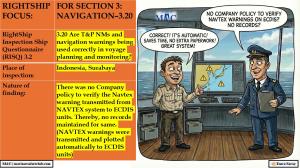 RIGHTSHIP FOCUS: FOR SECTION 3:  NAVIGATION–3.20_There was no Company policy to verify the Navtex warning transmitted from NAVTEX system to ECDIS units. Thereby, no records maintained for same. (NAVTEX warnings were transmitted and plotted automatically t 